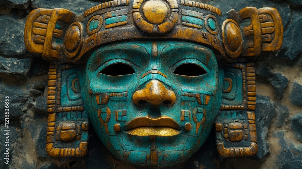 Intricately carved Mayan mask showcasing vibrant colors and detailed craftsmanship Intricately carved Mayan mask showcasing vibrant colors and detailed craftsmanship
