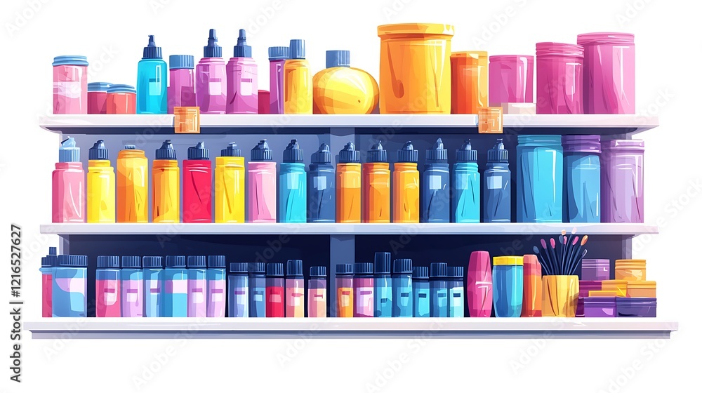 Colorful Bottles and Jars on Shelves - Variety of Containers. Colorful Bottles and Jars on Shelves - Variety of Containers.