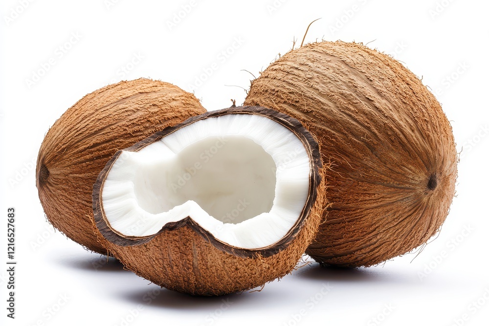 Tropical coconuts halved, white background, studio shot, food photography Tropical coconuts halved, white background, studio shot, food photography
