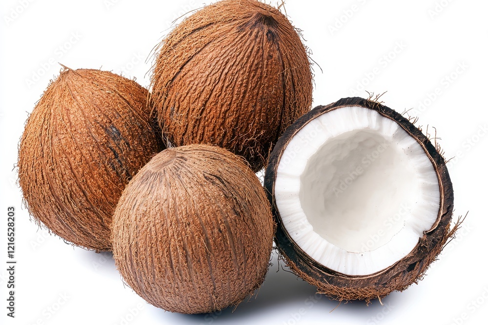 Whole and halved coconuts on white background, studio shot, food photography (2) Whole and halved coconuts on white background, studio shot, food photography (2)