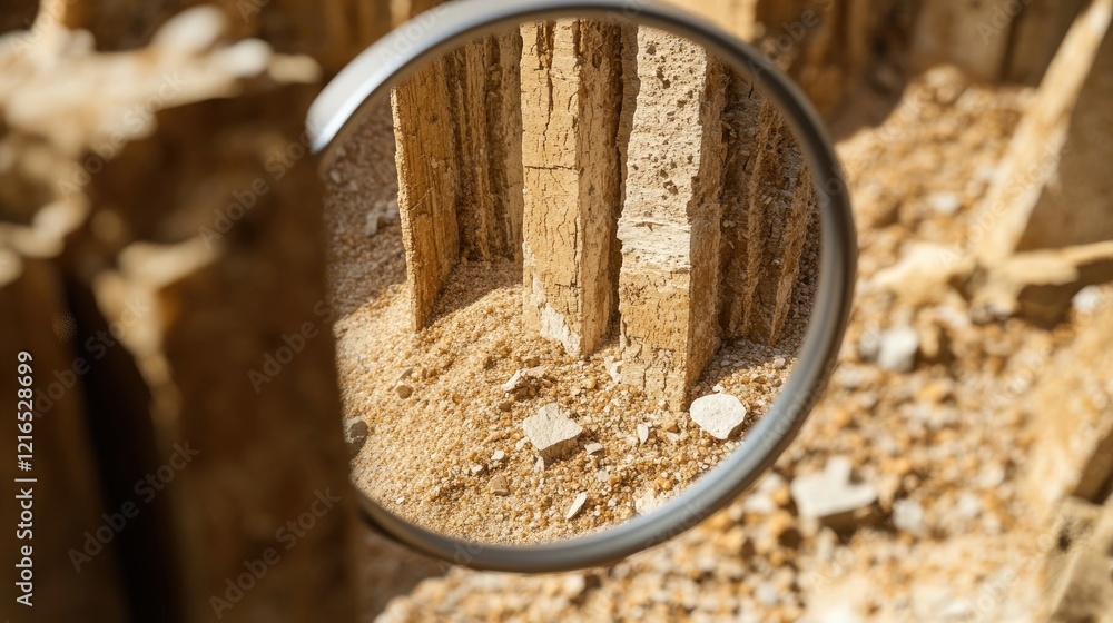 Close-up view of wooden beams through magnifying glass, construction site background, illustrating inspection Close-up view of wooden beams through magnifying glass, construction site background, illustrating inspection