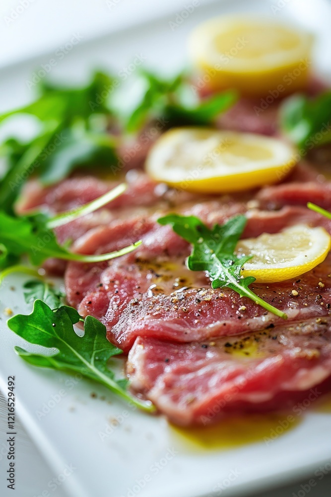 thinly sliced raw beef with fresh arugula and lemon garnish, served on an elegant white plate thinly sliced raw beef with fresh arugula and lemon garnish, served on an elegant white plate