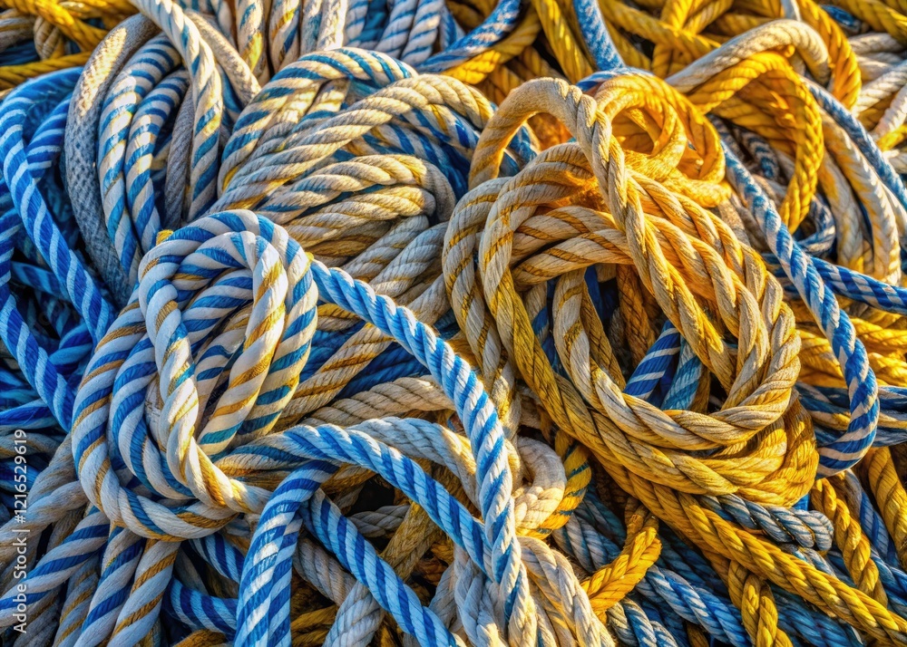 High above, a vibrant tapestry of twisted white, blue, and yellow ropes intertwines. High above, a vibrant tapestry of twisted white, blue, and yellow ropes intertwines.