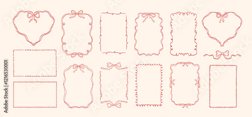 Doodle hand drawn coquette frames with hearts, wavy lines, bows and ribbons. Trendy vintage whimsical borders for wedding invitations, birthday card, prints. Vector modern illustration.