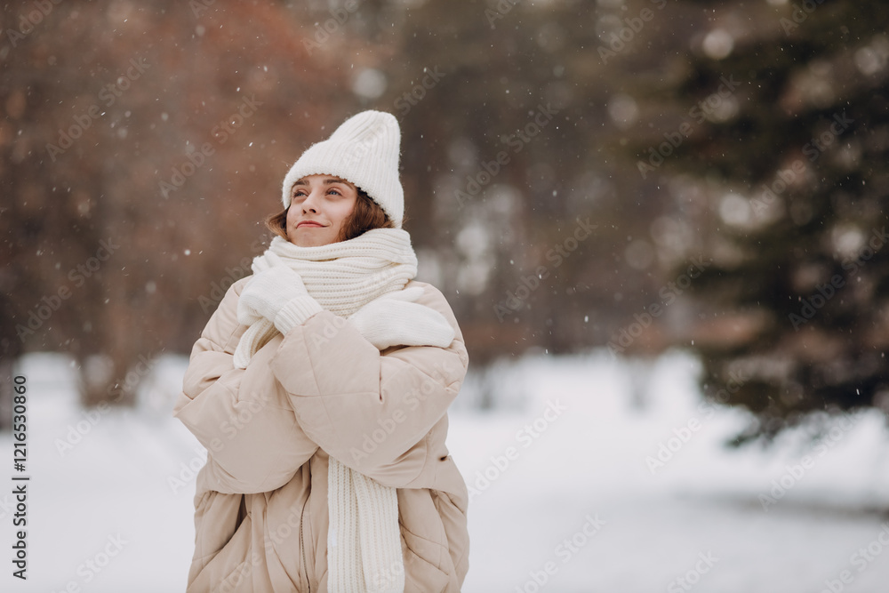 Obraz premium Young woman dressed coat scarf hat and mittens and winter weather at snowy winter park