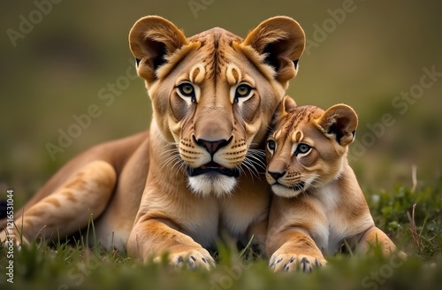 Lioness with a little lion cub in the wild photo