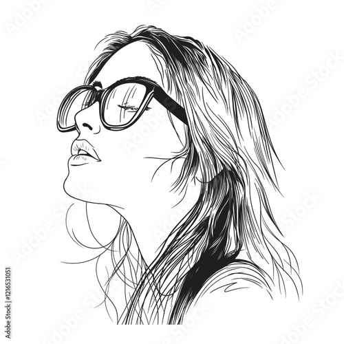 Vector portrait of a fashionable young beautiful girl with glasses. Vector black and white female portrait.