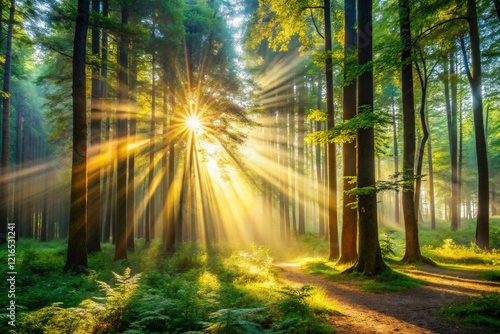 High-resolution image  Sunbeams dapple a peaceful woodland path  creating a magical  serene nature scene. Golden rays illuminate majestic trees.