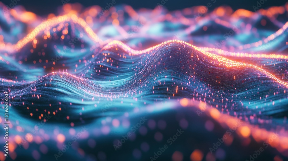 Abstract Wavy Landscape with Glowing Particles