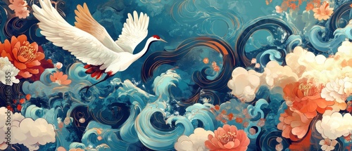 white crane flying over swirling blue waves and colorful flowers, digital art