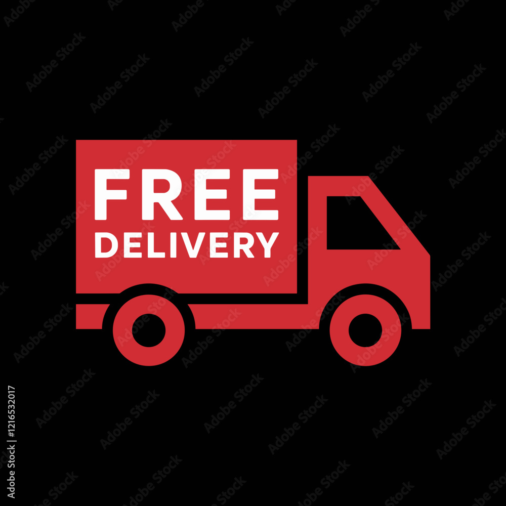 Red Free Delivery Truck Icon on Black Background Red Free Delivery Truck Icon on Black Background