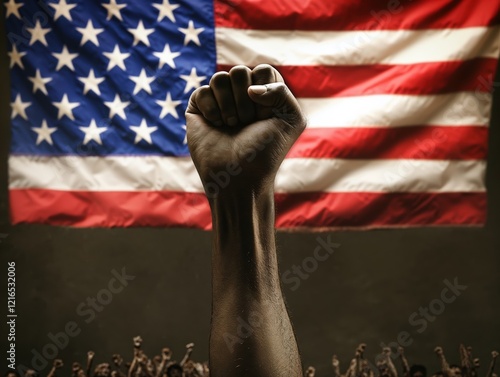 A fist raised in the air in front of an American flag with a crowd behind. Illustration