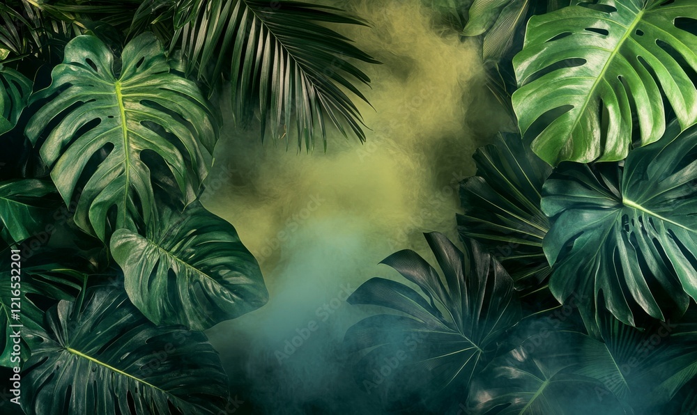 Obraz premium Dramatic scene with lush green tropical leaves contrasted against a dynamic, smoky gradient background, combining natural elements with artistic intrigue