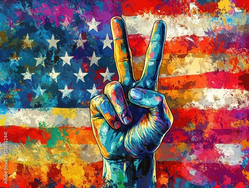 A hand holding a peace sign on a colorful American flag. Illustration