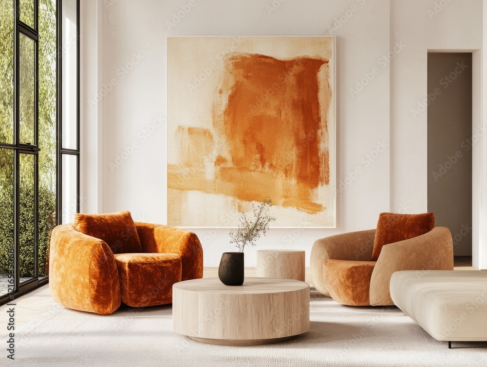 Modern Living Room Interior with Orange Accent Wall and Brown Velvet Furniture