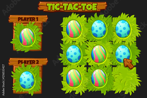 Easter TIC-TAC-TOE ,game UI. Board game playing field with colored eggs. Funny spring holiday Easter. Game Tic Tac Toe