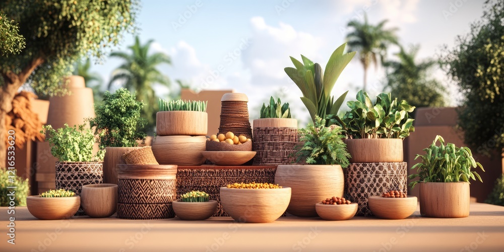 Fototapeta premium Desert oasis plants in pots, sunny day, palm trees, tranquil scene