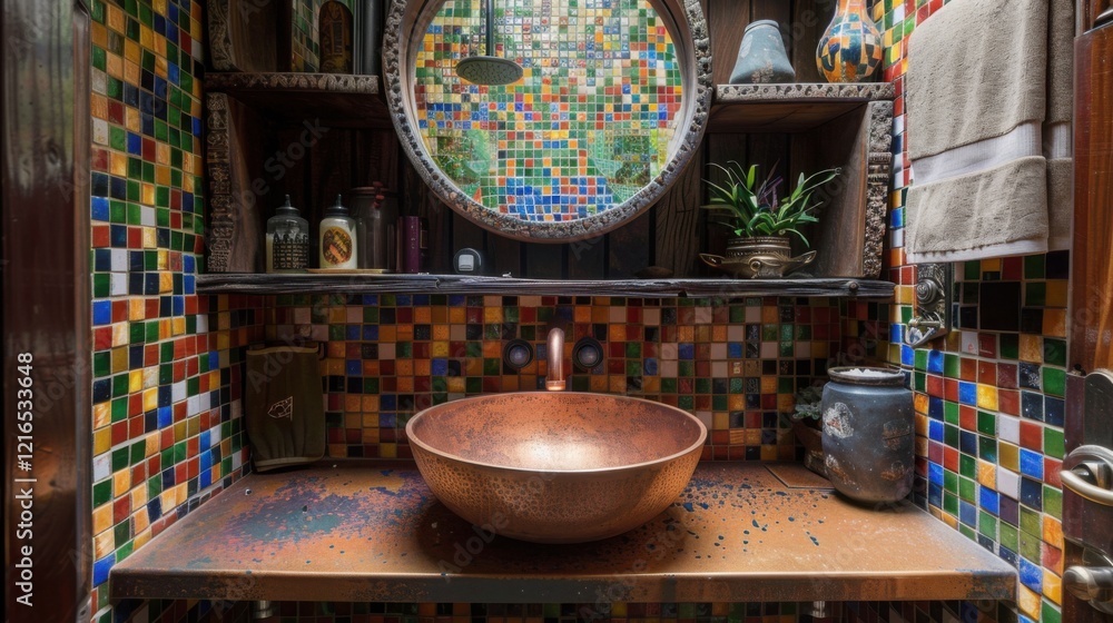 Fototapeta premium Vibrant Mosaic Bathroom Interior Design with Copper Sink and Rustic Accents