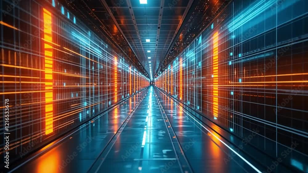 Vibrant digital corridor with glowing lines and futuristic lighting in a high-tech environment Vibrant digital corridor with glowing lines and futuristic lighting in a high-tech environment