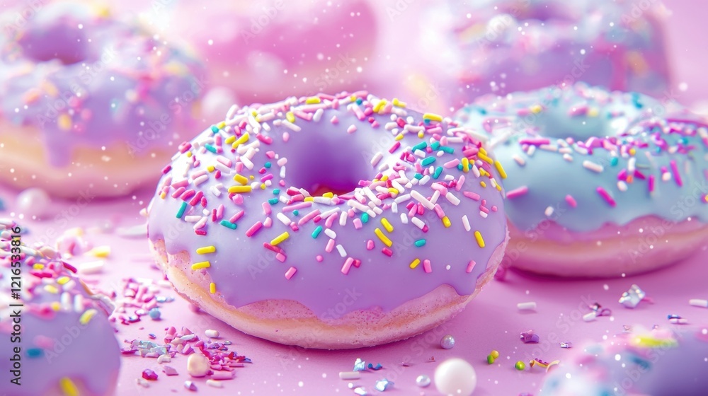 Colorful sprinkles on frosted donuts with a dreamy background Colorful sprinkles on frosted donuts with a dreamy background