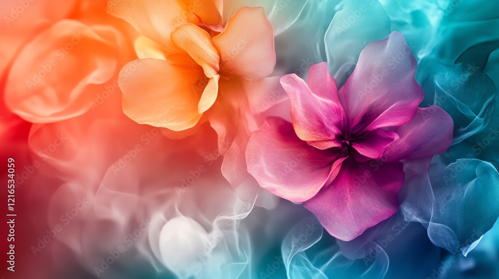 Fototapeta premium Vibrant abstract flowers in soft focus, blending colors of orange, pink, and blue, creating a dreamy atmosphere.