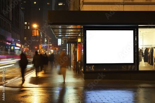 blank billboard in a city street at night with blurred people walking by
