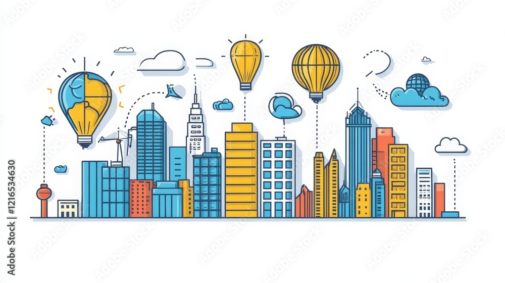 Fototapeta premium Stylized cityscape illustration with hot air balloons and clouds