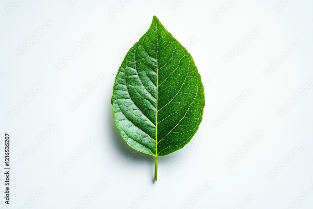 Bright green leaf with intricate veins, resting on clean white b Bright green leaf with intricate veins, resting on clean white b