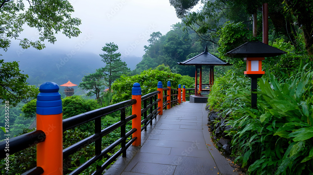 Serene Mountain Temple Path Through Lush Forest Serene Mountain Temple Path Through Lush Forest