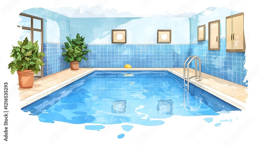 Fototapeta premium Serene Indoor Swimming Pool with Blue Tiles and Potted Plants.
