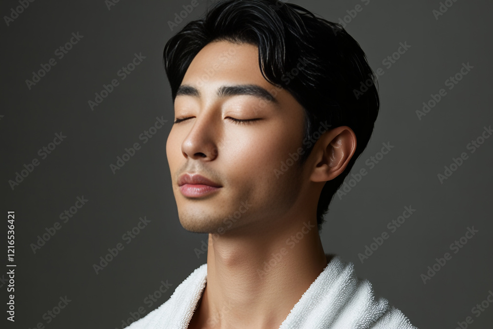 Relaxed Asian man with glowing skin and towel, enjoying self-care, ideal for skincare, grooming, spa, relaxation, and wellness concepts Relaxed Asian man with glowing skin and towel, enjoying self-care, ideal for skincare, grooming, spa, relaxation, and wellness concepts