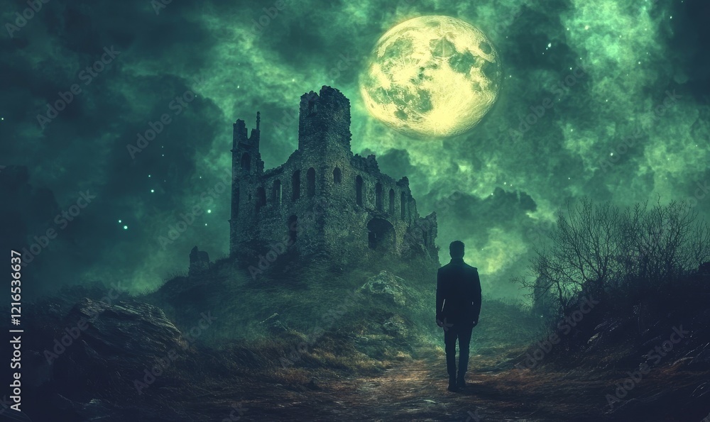 Fototapeta premium Mysterious Man Gazing at Abandoned Castle with Eerie Green Sky, Concept Digital Art Imagery, Fantasy, Enigma, Adventure, Night Scene, Atmospheric, Mood, Surreal, Haunted Landscape, Generative AI