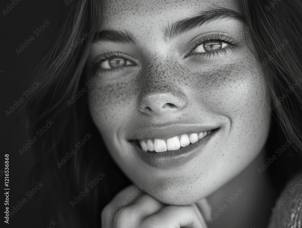 Radiant Portrait of a Woman with Freckles Smiling Against a Dark Background.