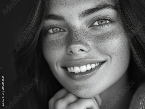 Obraz na płótnie Radiant Portrait of a Woman with Freckles Smiling Against a Dark Background. w salonie