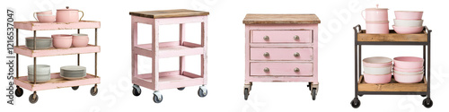 Collection of pastel hued furniture pieces and storage solutions including utility carts shelves dressers and racks suitable for organizing and decorating modern kitchens and dining areas photo