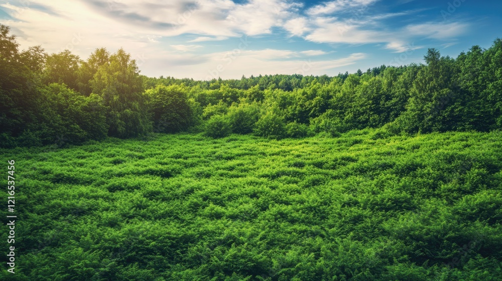 Lush green field under bright sky, surrounded by vibrant trees a