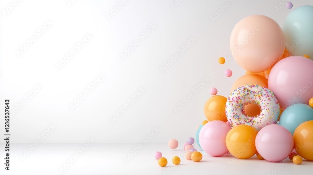 Fototapeta premium Colorful balloons and donut a playful background for events or celebrations. Generative AI