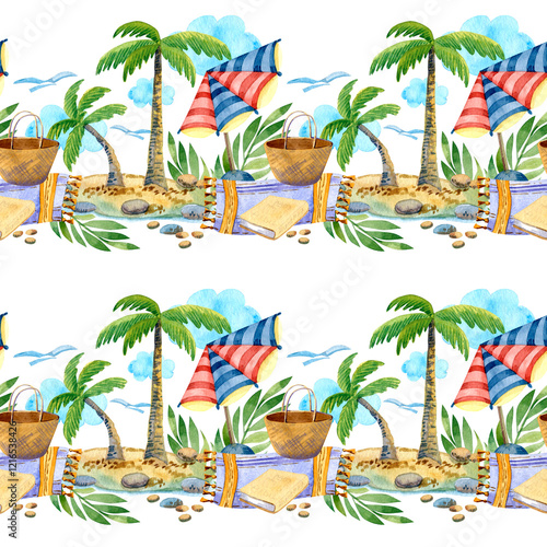 Rest on a paradise beach, concept of rest and relaxation, endless border, watercolor illustration isolated on white background, for invitations, parties, menus and wrapping paper.