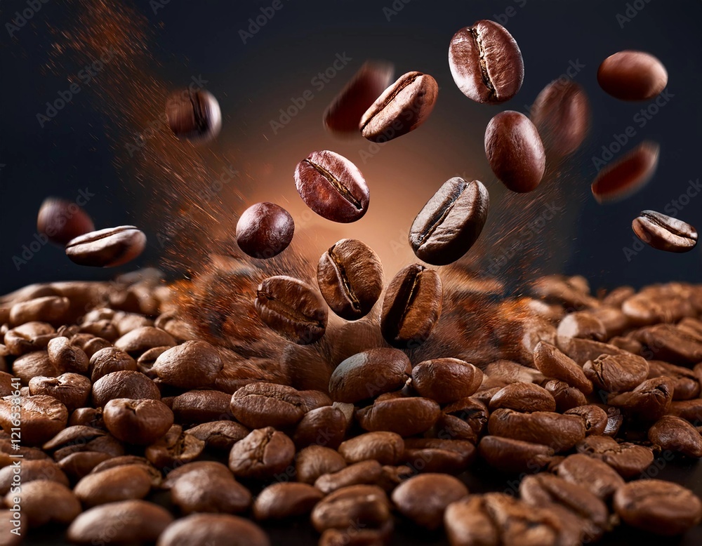 Explosion of ground coffee with roasted beans on dark background Explosion of ground coffee with roasted beans on dark background