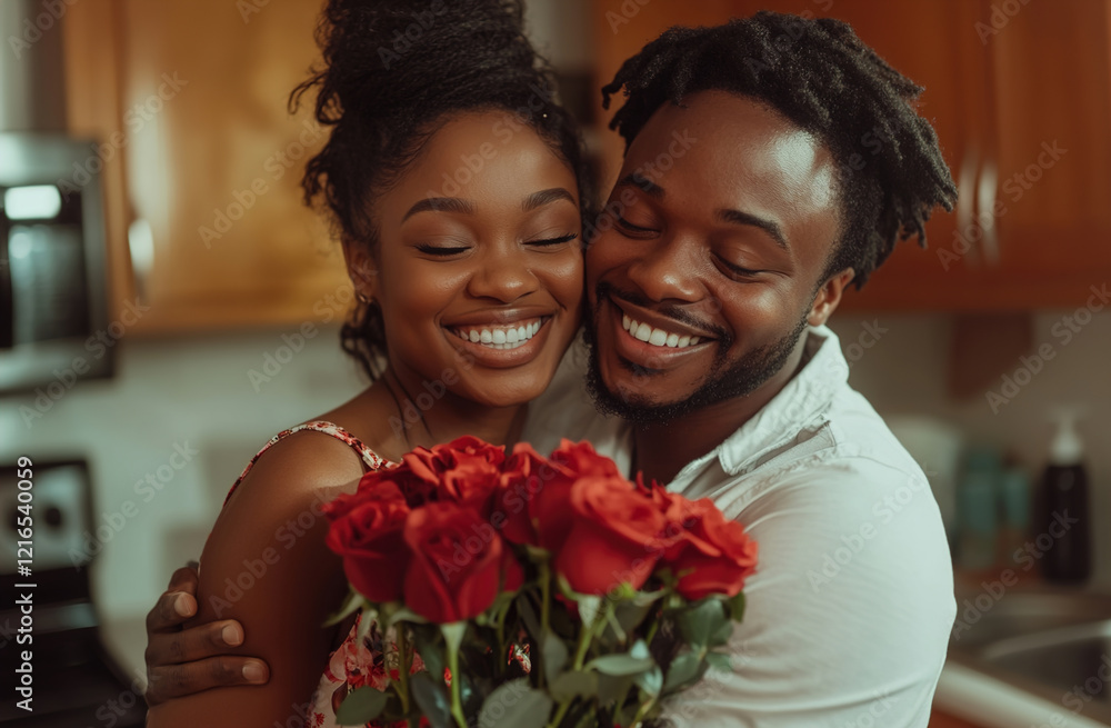 A man and woman are hugging each other while holding a bouquet of red roses A man and woman are hugging each other while holding a bouquet of red roses