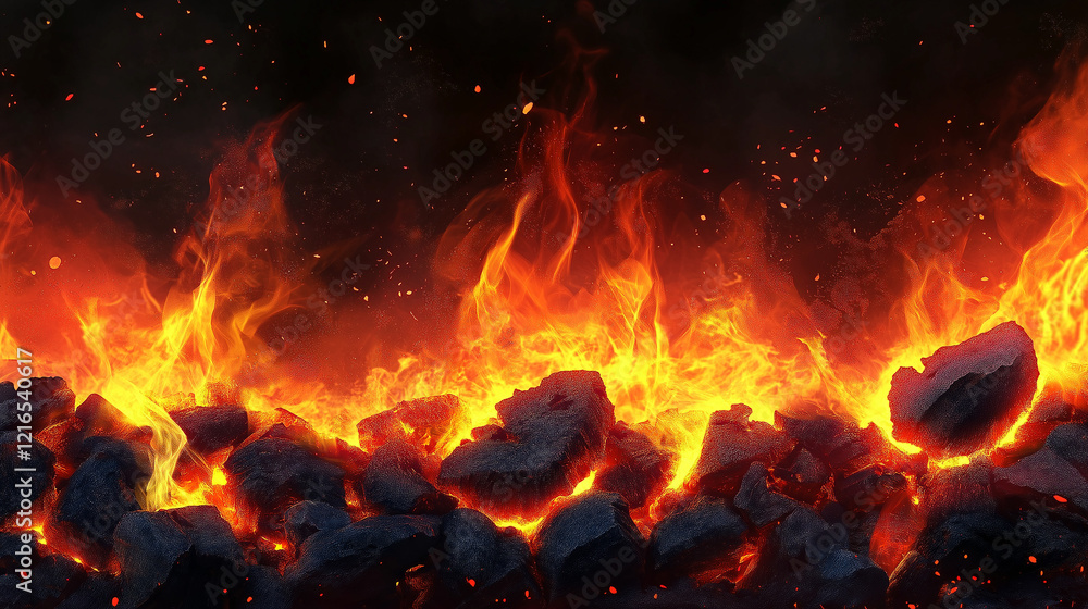 Barbecue Heat Flames and Charred Coals for a Fiery Scene Barbecue Heat Flames and Charred Coals for a Fiery Scene