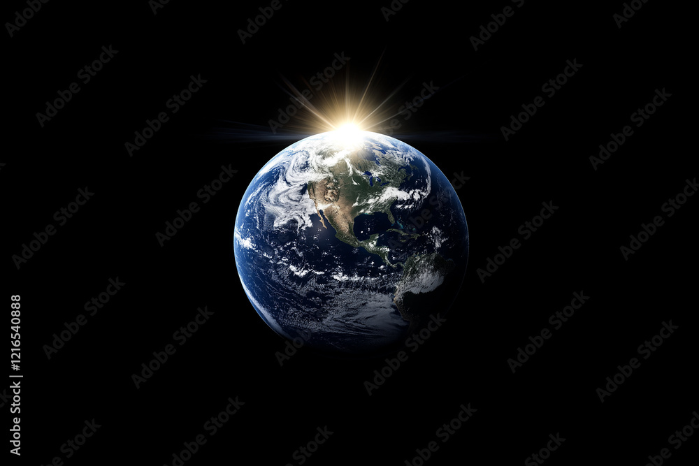 A dark background with the sun rising on Earth in space. The Earth is seen from above, centered and small. There's a thin light beam coming out of it. A dark background with the sun rising on Earth in space. The Earth is seen from above, centered and small. There's a thin light beam coming out of it.