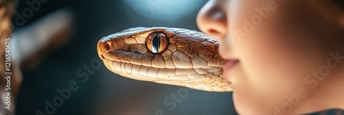 Frozen in fear at a reptile exhibit while facing a snake, illustrating the intense emotion of ophidiophobia in a public setting photo