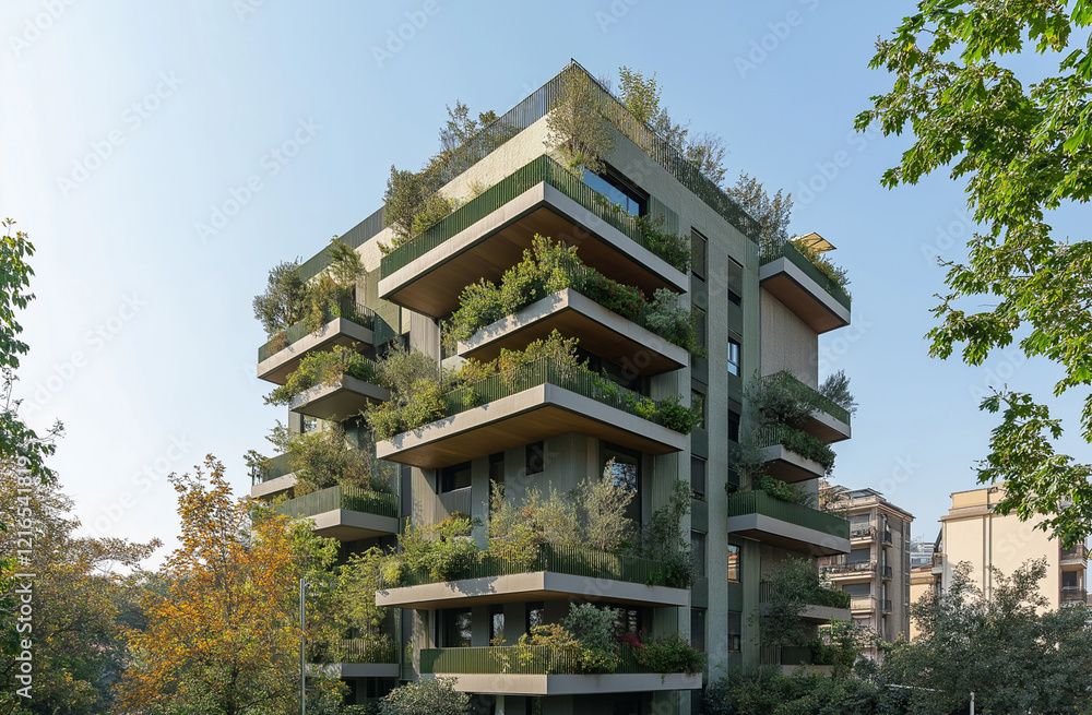 A green building with balconies filled with trees and plants
A green building with balconies filled with trees and plants