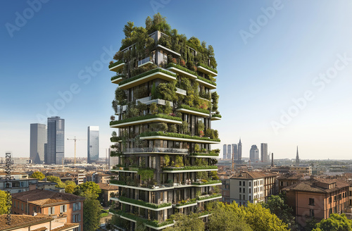A green building with balconies filled with trees and plants
