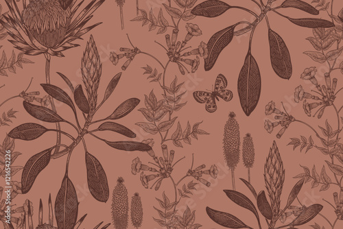 Exotic flowers and butterflies. Mocha background. Seamless flower Vintage pattern. Vector