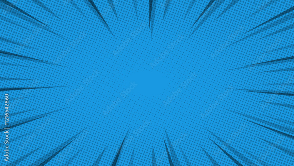 Fototapeta premium blue comic background with rays and halftone dots. Vector illustration.