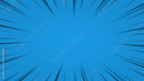 blue comic background with rays and halftone dots. Vector illustration.