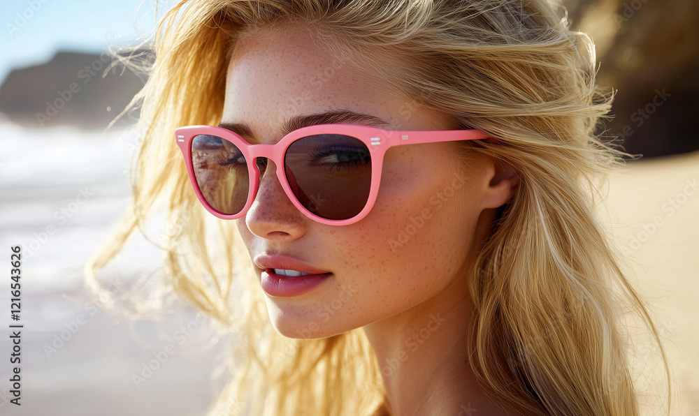 Beautiful blonde woman in pink sunglasses on the beach Beautiful blonde woman in pink sunglasses on the beach