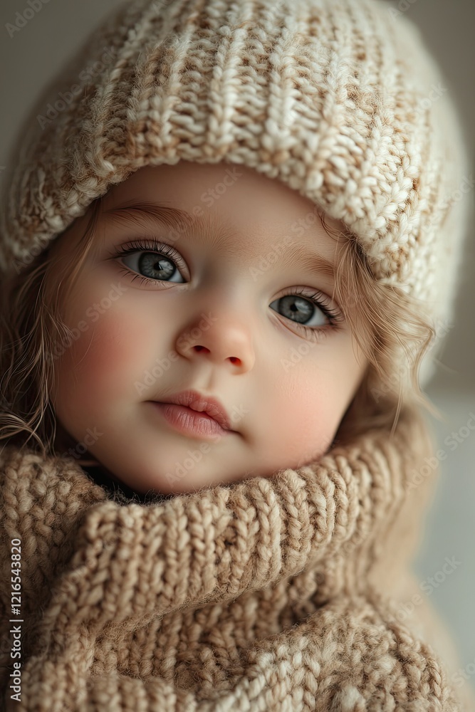 Soft, warm portrait of child in cozy knitted attire, exuding inn Soft, warm portrait of child in cozy knitted attire, exuding inn